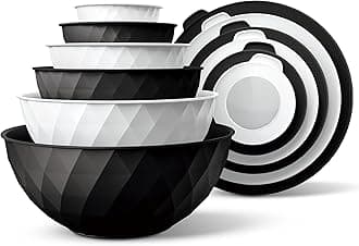 Mixing Bowls with Lids - 12 Piece Plastic Nesting Bowls Set includes 6 Prep Bowls and 6 Lids, Microwave Safe Mixing Bowl Set, Black and White Diamond
