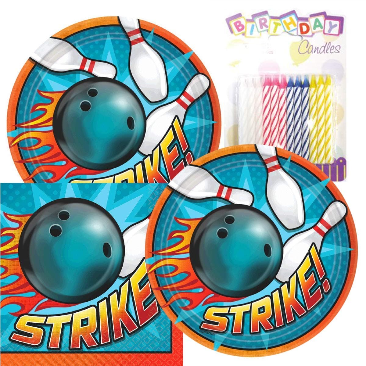 Lobyn Value Pack Bowling Party Plates and Napkins Serves 16 with Birthday Candles