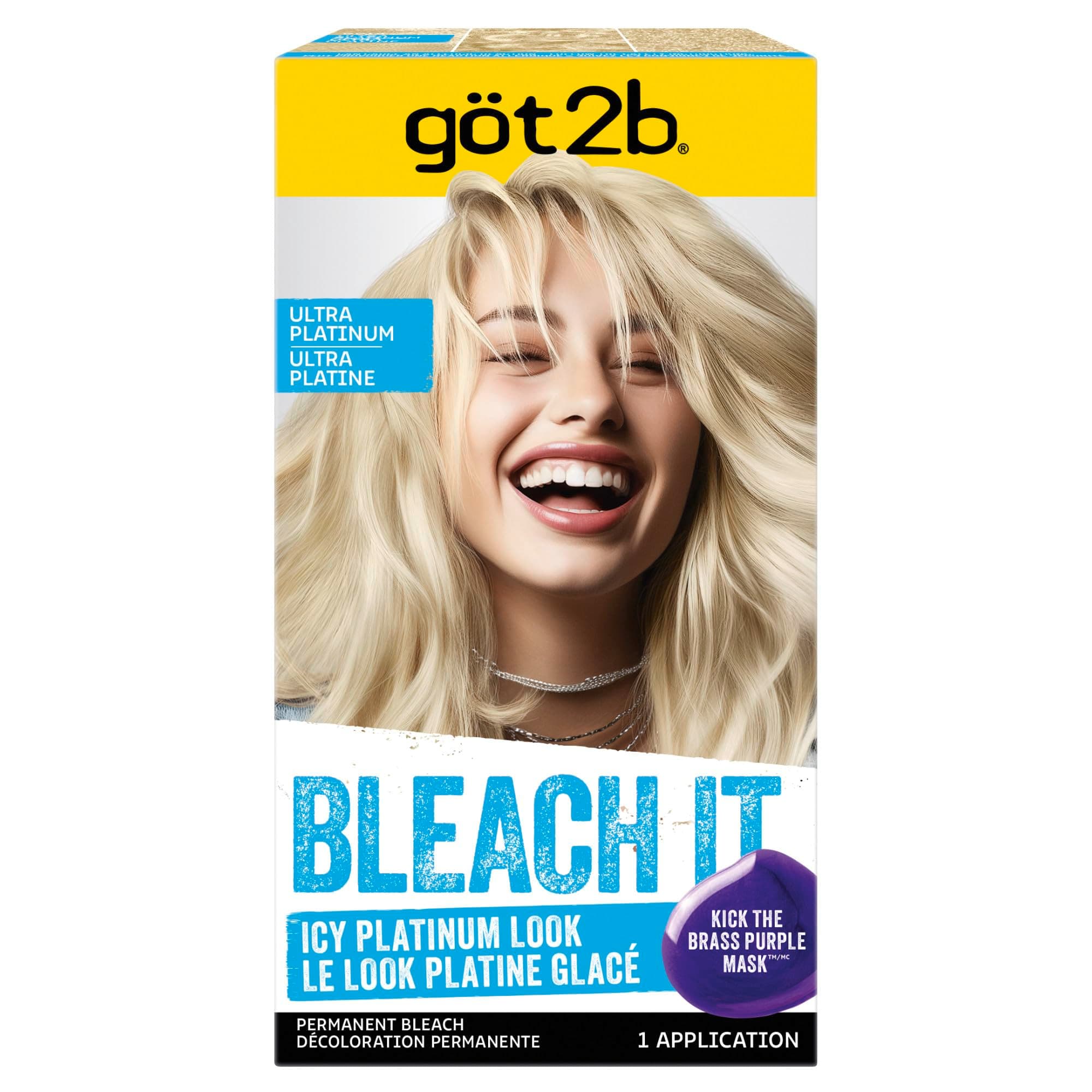 got2b Bleach It Permanent Hair Dye, Ultra Platinum Blonde, 00A, Hair Bleach Kit with Developer and Anti-Brass Purple Mask, Lightens Up to 8 Levels, Gel Formula for Easy Application, 1 Count