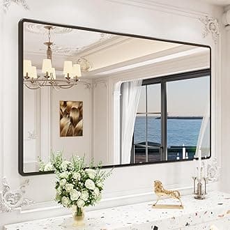 New Upgrade Bathroom Mirror, 60X36 Inch Black Metal Frame Wall Mounted Rounded Rectangle Bathroom Vanity Mirror with Tempered Glass for Washroom Bedroom Living Room
