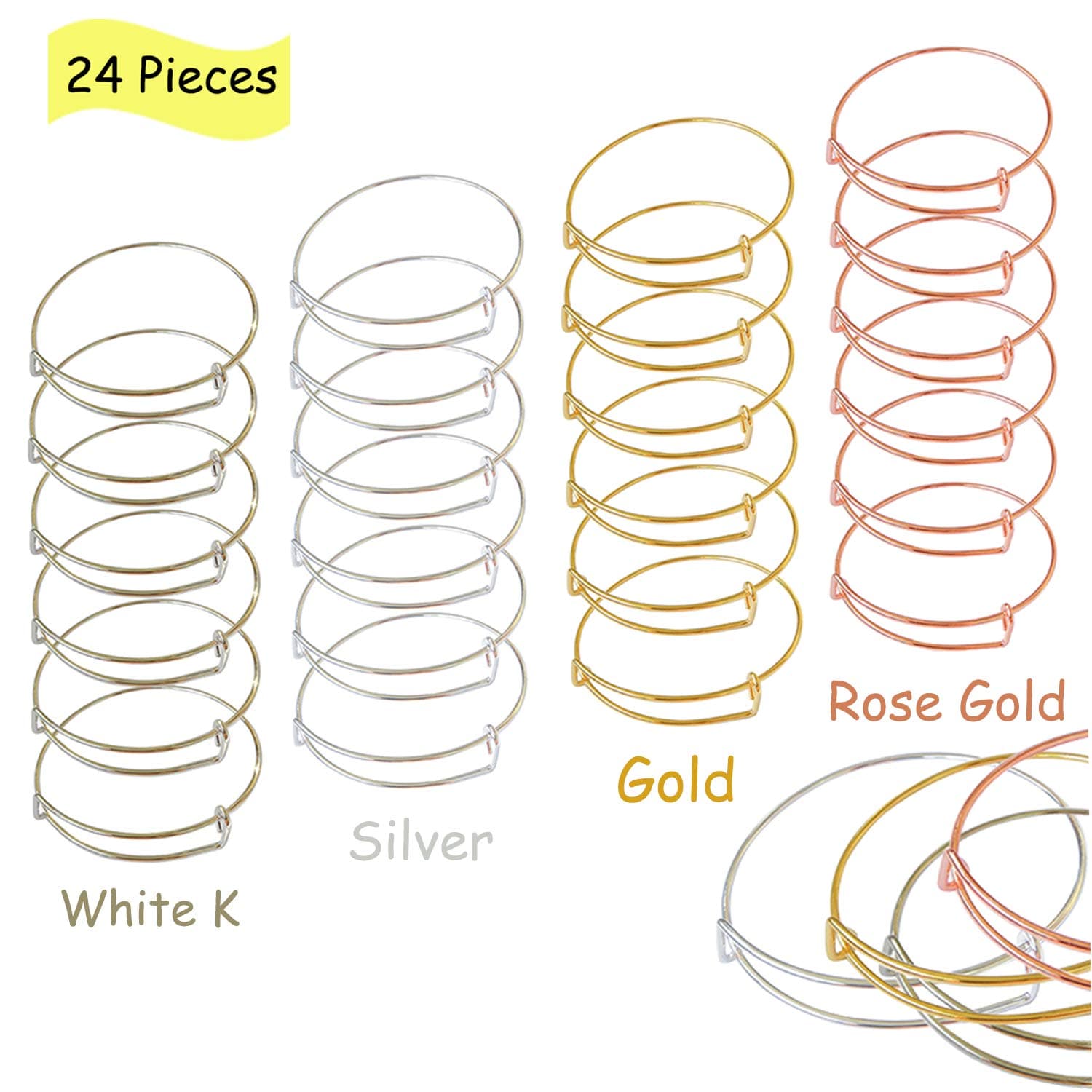 24 PCS Expandable Bangle Bracelet, Adjustable Wire Blank Bracelet Jewelry Findings for Women, DIY Jewelry Making Charms Bracelets (Silver, White K, Gold, Rose Gold)