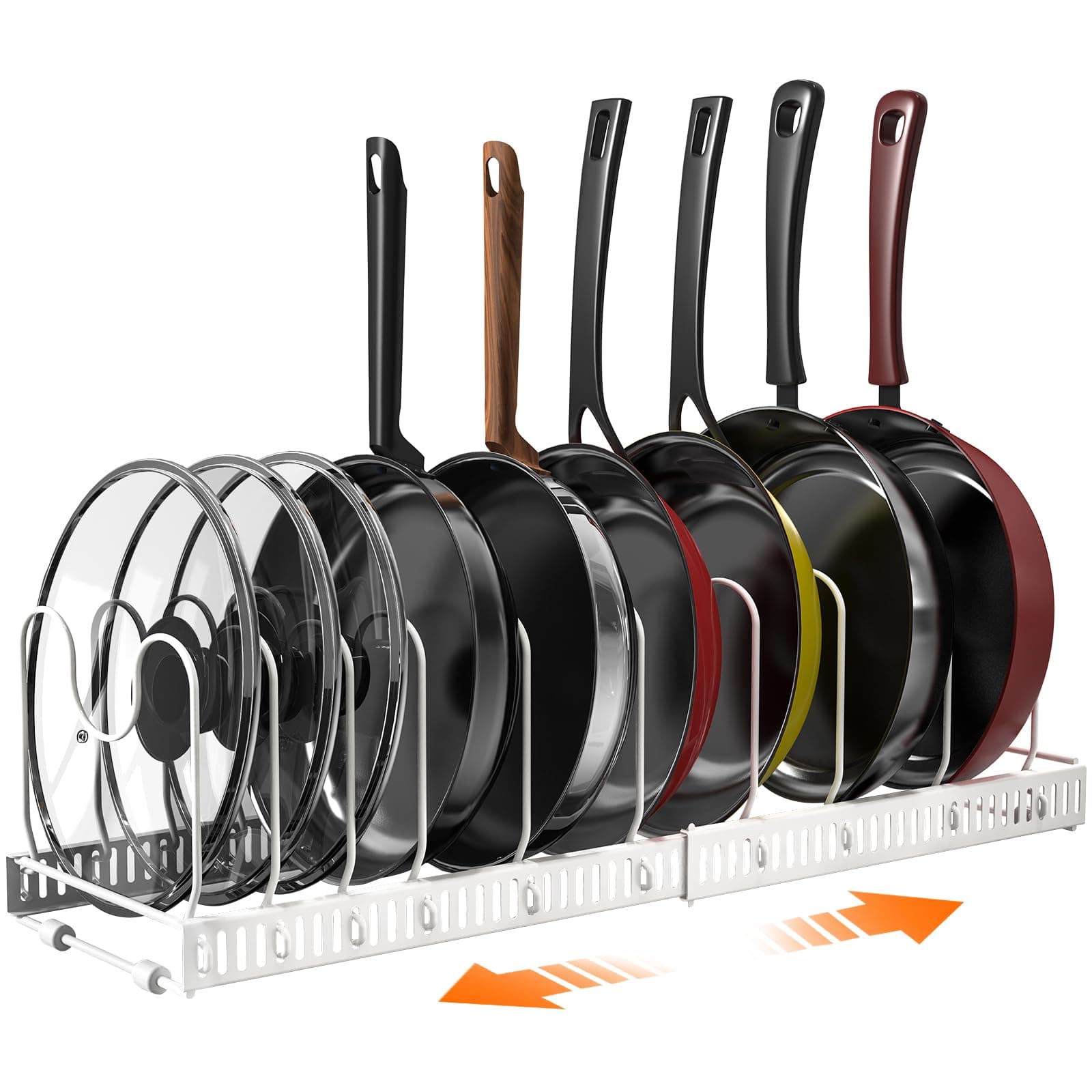 Puricon Pan Stand, Telescopic 10 Compartment Pot Lid Pan Rack, Kitchen Multifunctional Lid Storage Rack with 4 Hooks, White