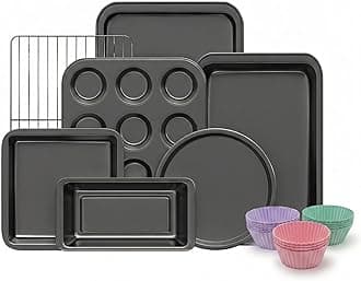 KITESSENSU Baking Pans Sets, Nonstick Bakeware Sets 19-Piece with Round/Square Cake Pan, Loaf Pan, Muffin Pan, Cookie Sheet, Roast Pan, Cooling Rack, Carbon Steel Bake Set