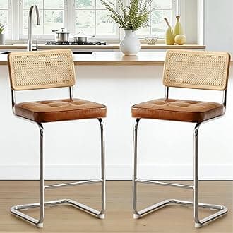 Zesthouse Natural Rattan Bar Stools Set of 2, Modern Counter Height Stools with Solid Wood Back, 26'' Counter Height Chairs, Mid Century Cantilevered Bar Chairs for Kitchen Island, Faux Leather Brown