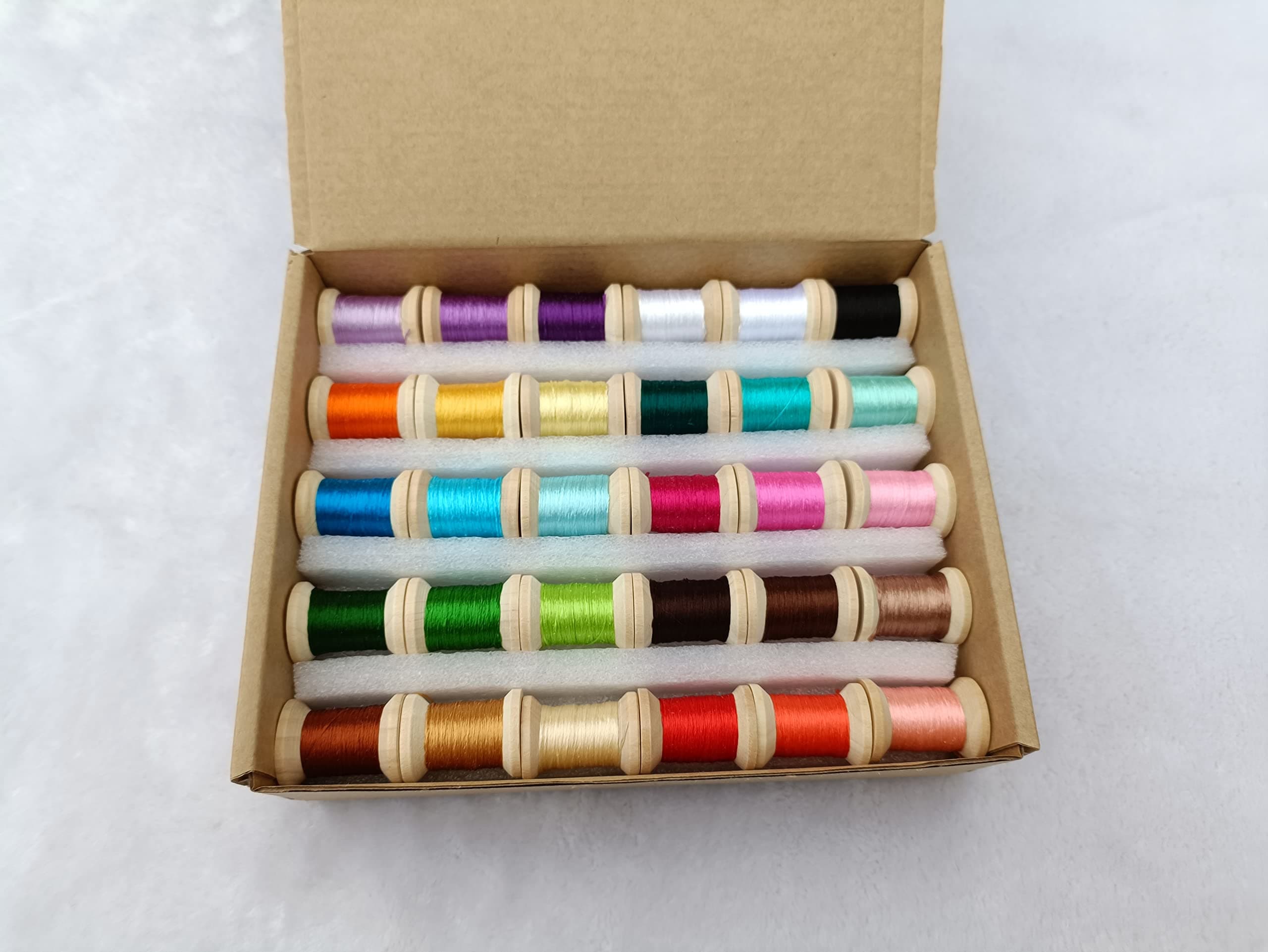 Silk Thread Spools Chinese Natural Pure 100% Mulberry Silk for Handmade DIY Embroidery 30 Colors on Wood Spools, Red, Navy, Blue, Yellow, Green, White