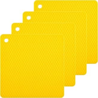 Smithcraft Lucky Plus Silicone Hot Pads for Cooking, Dish, Pan and Pot, Heat Resistant Trivet Mats for Counter Top,Workshop,Coffee or Placemats 4 Pack,Size:7.5x7.5 Inch, Color: Yellow,Shape:Square