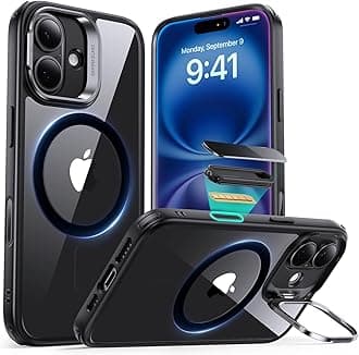 for iPhone 16 Case, Compatible with MagSafe, Military-Grade Protective Case, Built-In Stash Stand Phone Case, Scratch-Resistant Back Cover, Classic Series, Clear Black