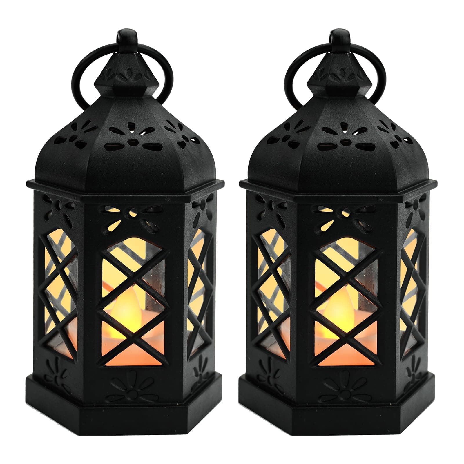 2 Pieces Vintage Candle Lantern Hanging Lantern with Flickering LED Candle Black Decorative Candle Lanterns for Medieval Halloween Christmas Table Wedding Party Home Decorations (Black)