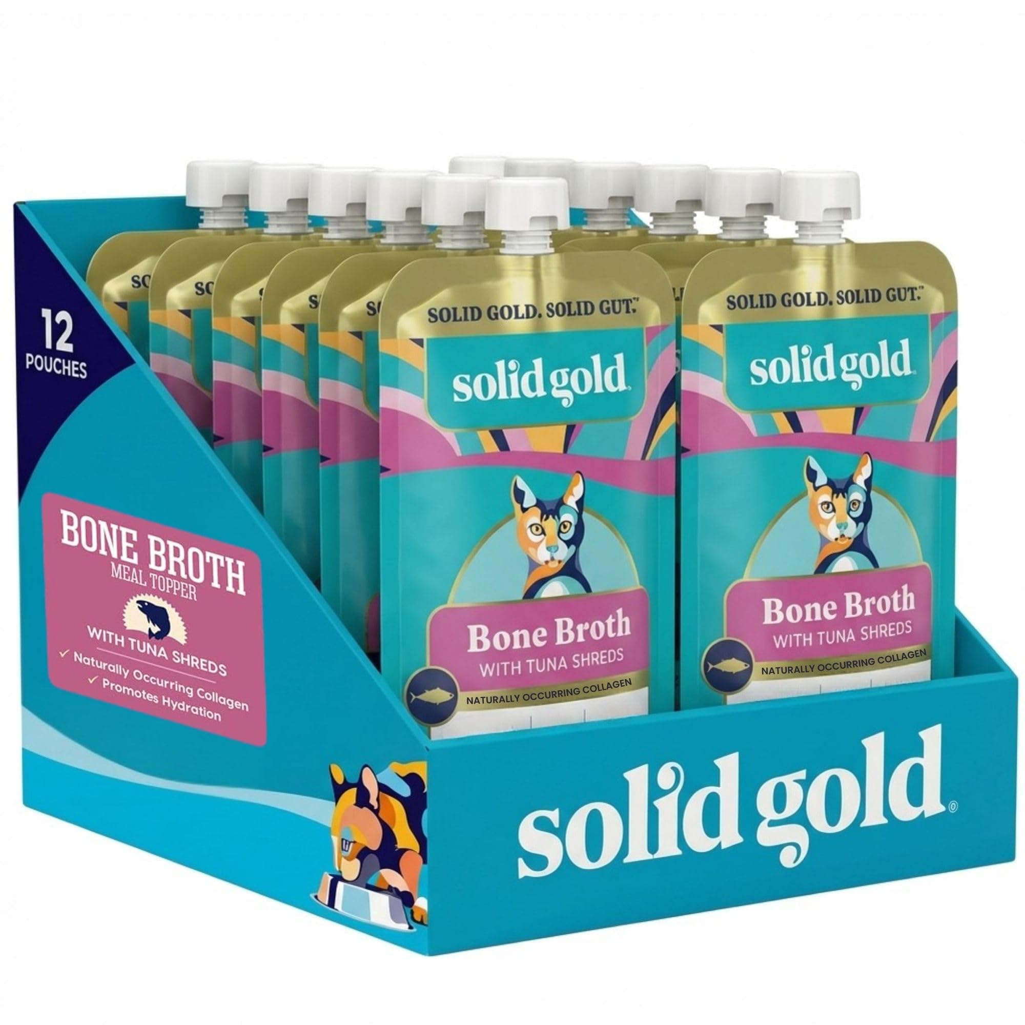 Solid Gold Bone Broth Cat Food Topper - Limited Ingredient Lickable Cat Broth Pouches w/Tuna Protein Shreds & Collagen for Hydration & Gut Support - Easy to Serve Gravy for Cats Meal Topper - 12ct