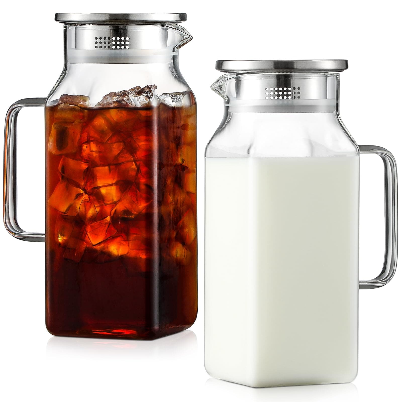 2 Pack 1.2 Liters/40 oz Small Square Glass Pitcher with Lid and Handle for Fridge, Iced Tea and Coffee Carafe Storage Container, Resistant to Hot and Cold Borosilicate Jug