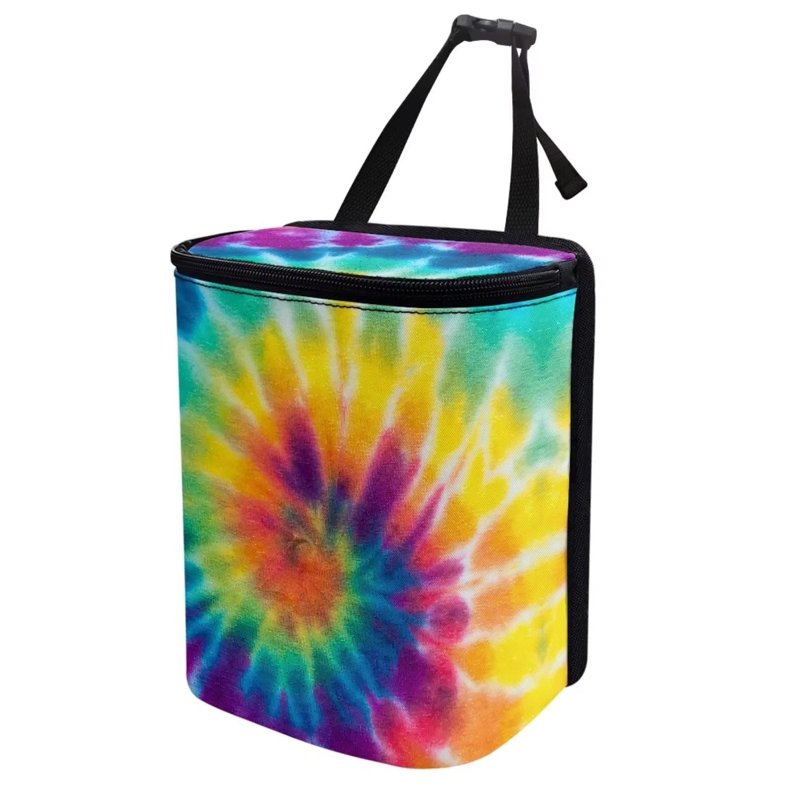 Renewold Tie-dye Car Trash Can, Car Trash Bag Bin Automotive Car Garbage Cans, Vehicle Trash Can with Adjustable Straps, Auto Waster Container with Zip, Camping Picnicing Hiking Storage Bag