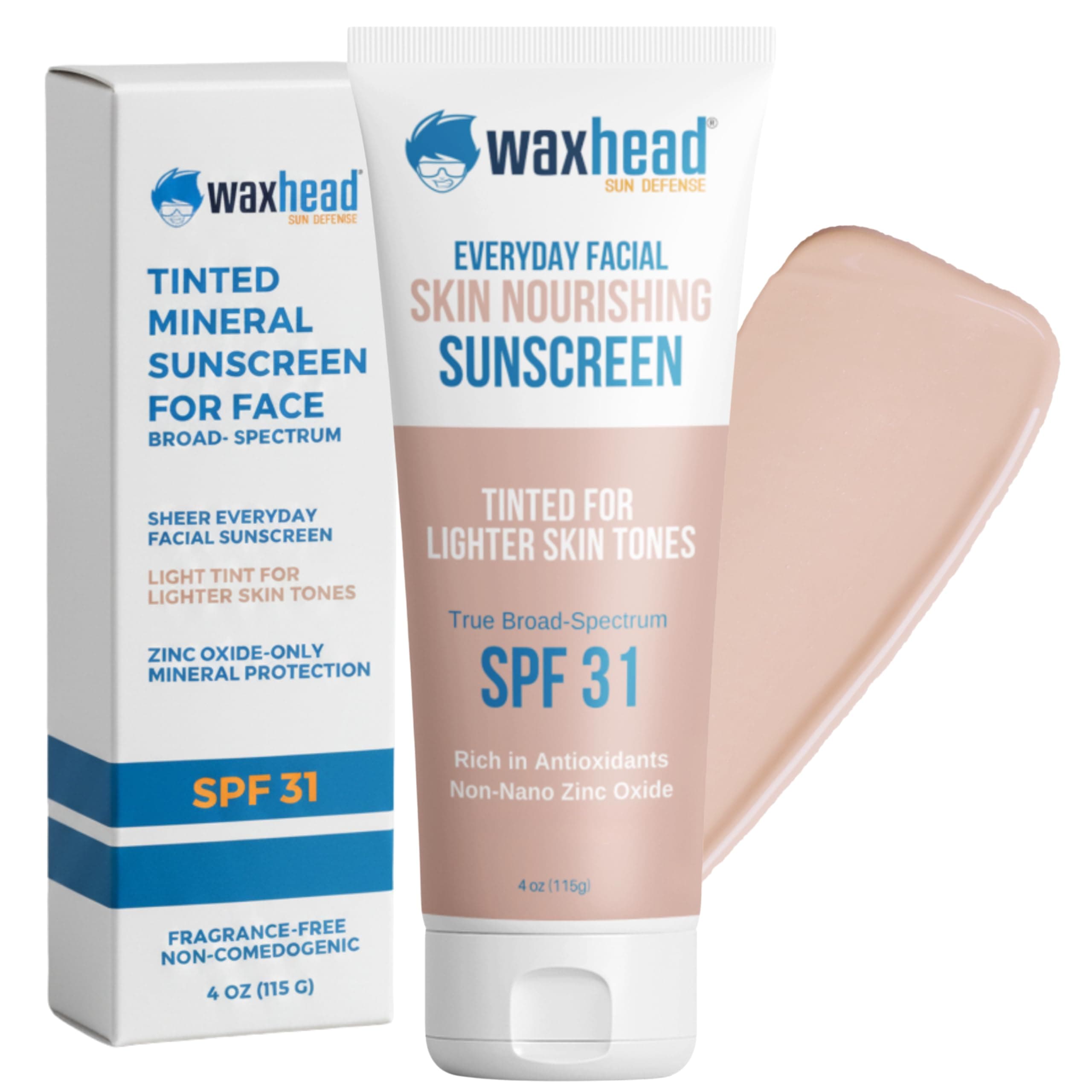 Waxhead Tinted Sunscreen for Face SPF 31, Mineral Formula with 25% Non-Nano Zinc Oxide, Unscented, Non-Comedogenic Tint Moisturizer & Makeup Primer for Daily Wear (Light Tint 4 oz)