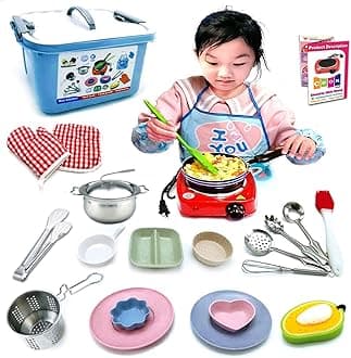 babyhorse Kids Junior Real Cooking Essentials Set and Baking it - 22 Pc. Includes Stove Burner, Cookware, n, Oven Mitt with Recipes - Easy Cook Utensils Gift for Kids Boys and Girls