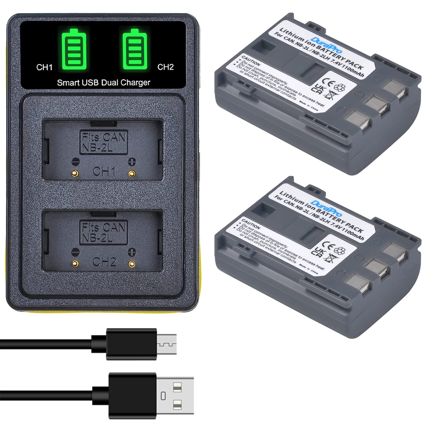 DuraPro 2Pcs NB-2L NB-2LH Battery + Dual USB Charger Replacement for Canon EOS 350D 400D MD265 MV960 PowerShot G7 G9 S70 S80 ZR950 ZR960 HG10 HV40 Cameras