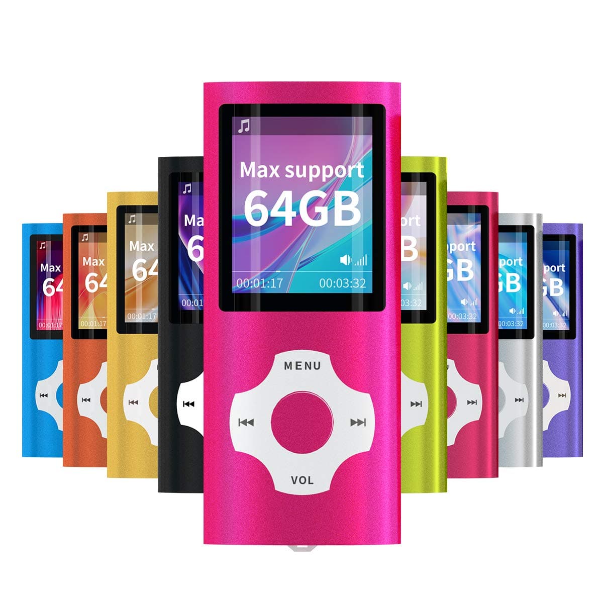 - Mymahdi MP3 Player Portable Music Player, 1.8 Inch LCD Screen with Video/Voice Record/FM Radio/E-Book/Photo Viewer, Max Support 64GB Pink