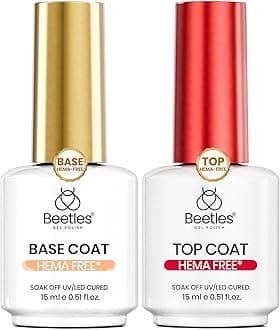 Beetles 15ml Gel Base and Top Coat Set HEMA Free, TPO Free Top Coat Gel Nail Polish & Base Clear Glossy Long Lasting No Wipe Soak Off Upgraded Safe Low-Sensitivity, No More Damaged Gifts for Women