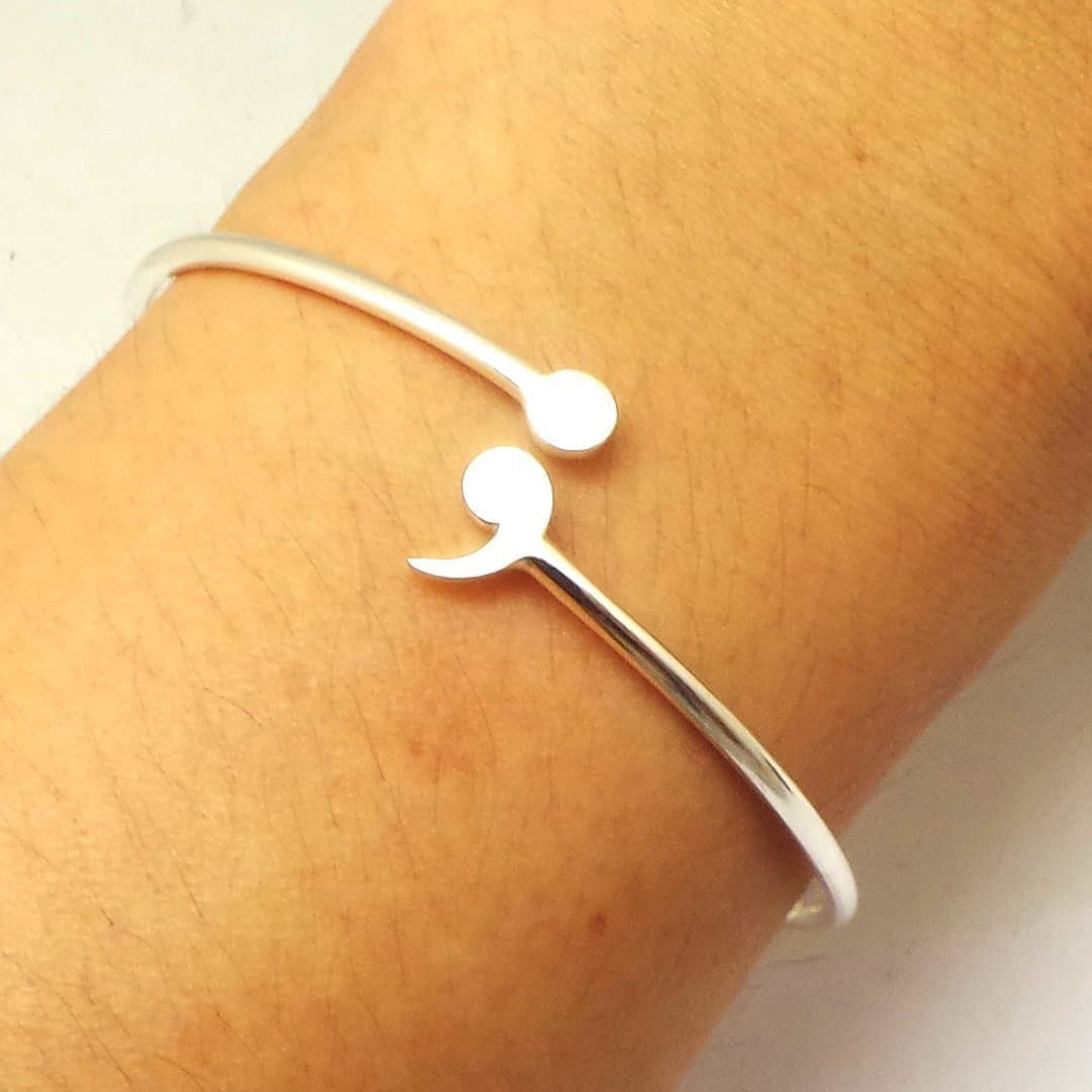 Handmade 925 Sterling Silver Semicolon Bracelet Bangle