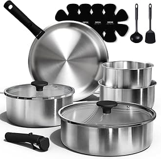 CAROTE Pots and Pans Set, Stainless Steel Cookware Set Detachable Handle, 9pcs Induction Kitchen Cookware Sets with Removable Handle, RV Cookware Set, Oven Safe