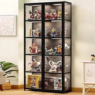 Curio Display Cabinet, 5-Tier Display Case with Acrylic Glass Doors, 63" Tall Transparent Bamboo Curio Display Shelf for Collectibles, Storage Cabinet for Playroom, Bedroom, Office, Living Room, Black