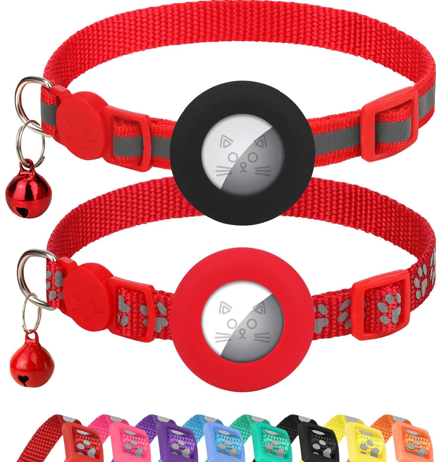 2 Pack Airtag Cat Collars, Reflective Cat Collar with Silicone Airtag Holder and Bell, Breakaway Cat Collars with Round Safety Buckle for Boy and Girl Cats, Adjustable for 7.5-12.5", Red