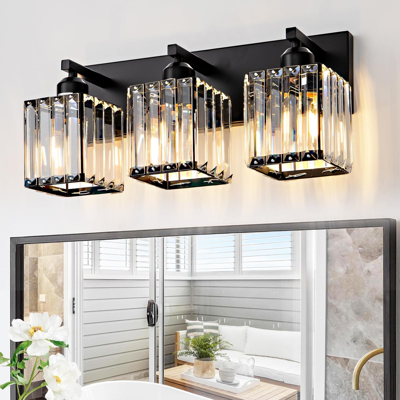 AixialinBlack Bathroom Vanity Light 3 Lights, Crystal Bathroom Wall Light Fixtures Vanity Light Over Mirror Vanity Lights (Exclude Bulb)