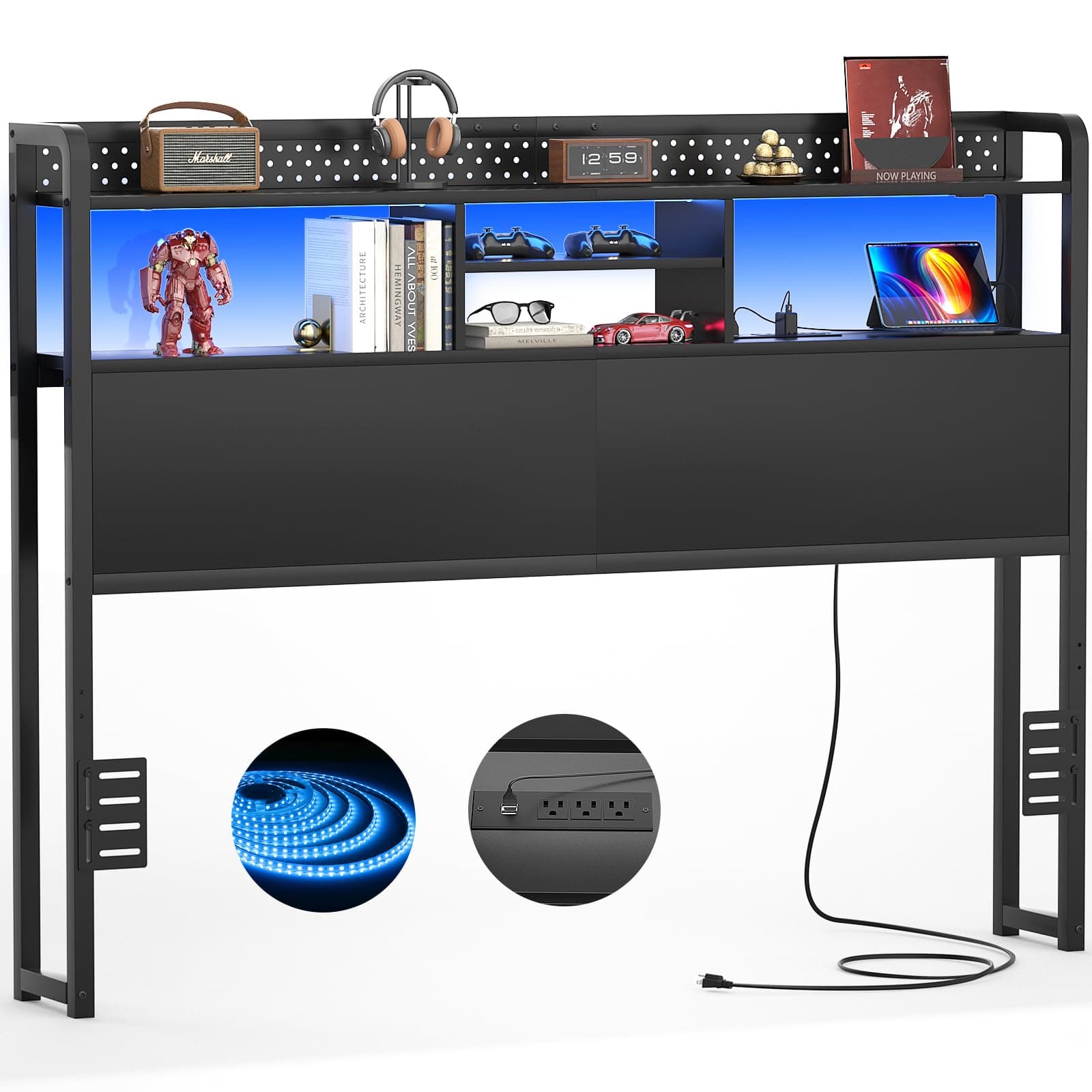 Unikito Headboard for Queen Size Bed with Storage Shelf, Head Board with 3 Outlets and 2 USB Ports, Headboards with RGB LED Light, Height Adjustable, Sturdy and Stable, Easy Assembly, Black