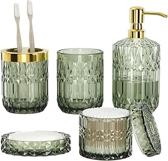 Green Bathroom Accessories Set, 5Pcs Clear Glass Green Accessories with Lotion Soap Dispenser, Soap Dish, Toothbrush Holder, Tumbler, Cotton Swab Jar, Modern Bathroom Decor Crystal Vintage Gift