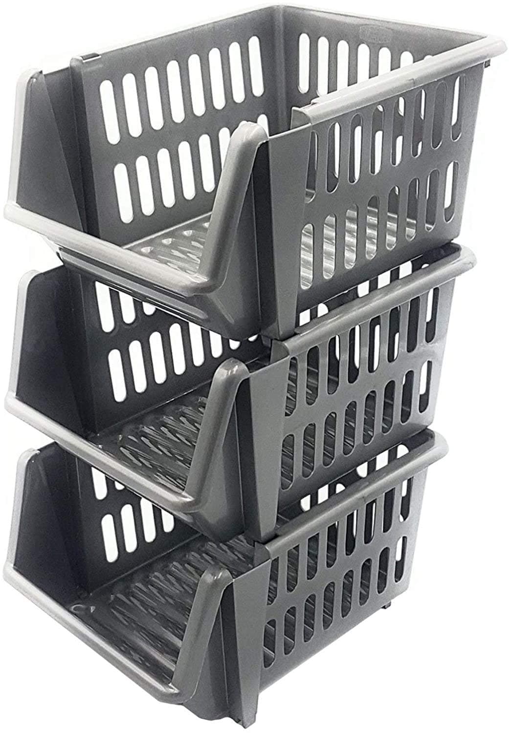Whitefurze2 x Stacking Basket Set of 3, Silver, 18 cm