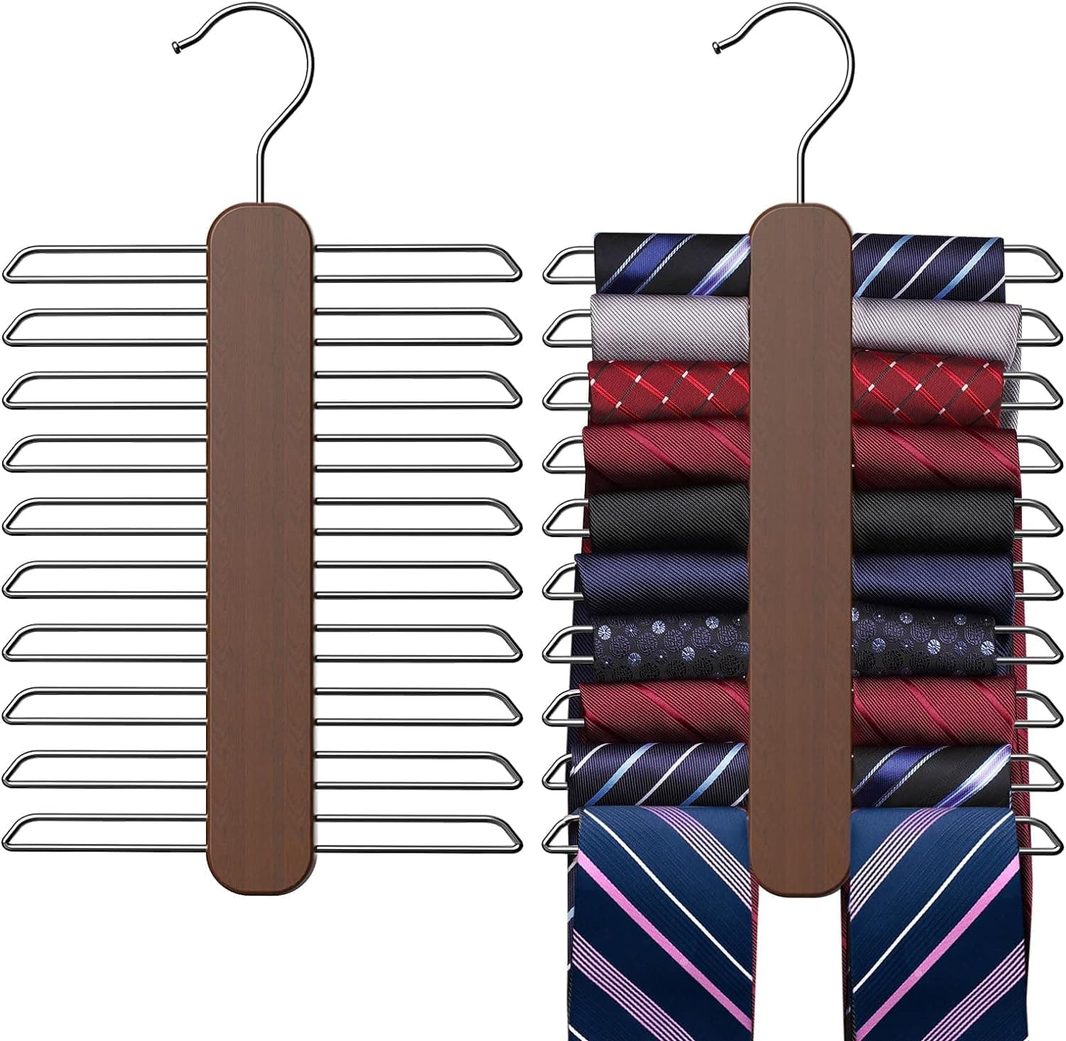 Benting2 Pack Wooden Tie Hanger - 20 Storage Capacity, 360 Degree Rotating Tie Organizer with Non-Slip Clips for Closet - Ideal for Ties, Belts, and Scarves (Walnut)