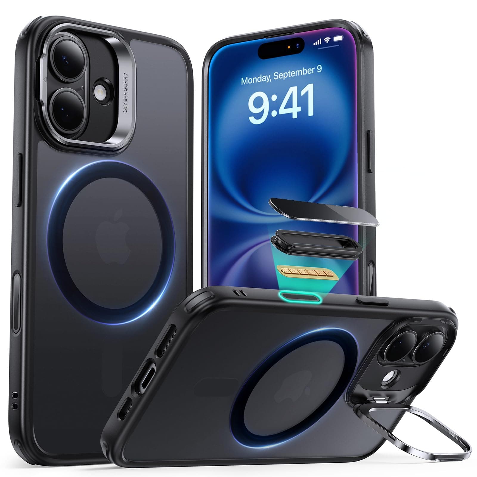 ESR for iPhone 16 Case, Compatible with MagSafe, Built-in Stash Stand Phone Case, Military-Grade Protective Case, Scratch-Resistant Back Cover, Classic Series, Frosted Black