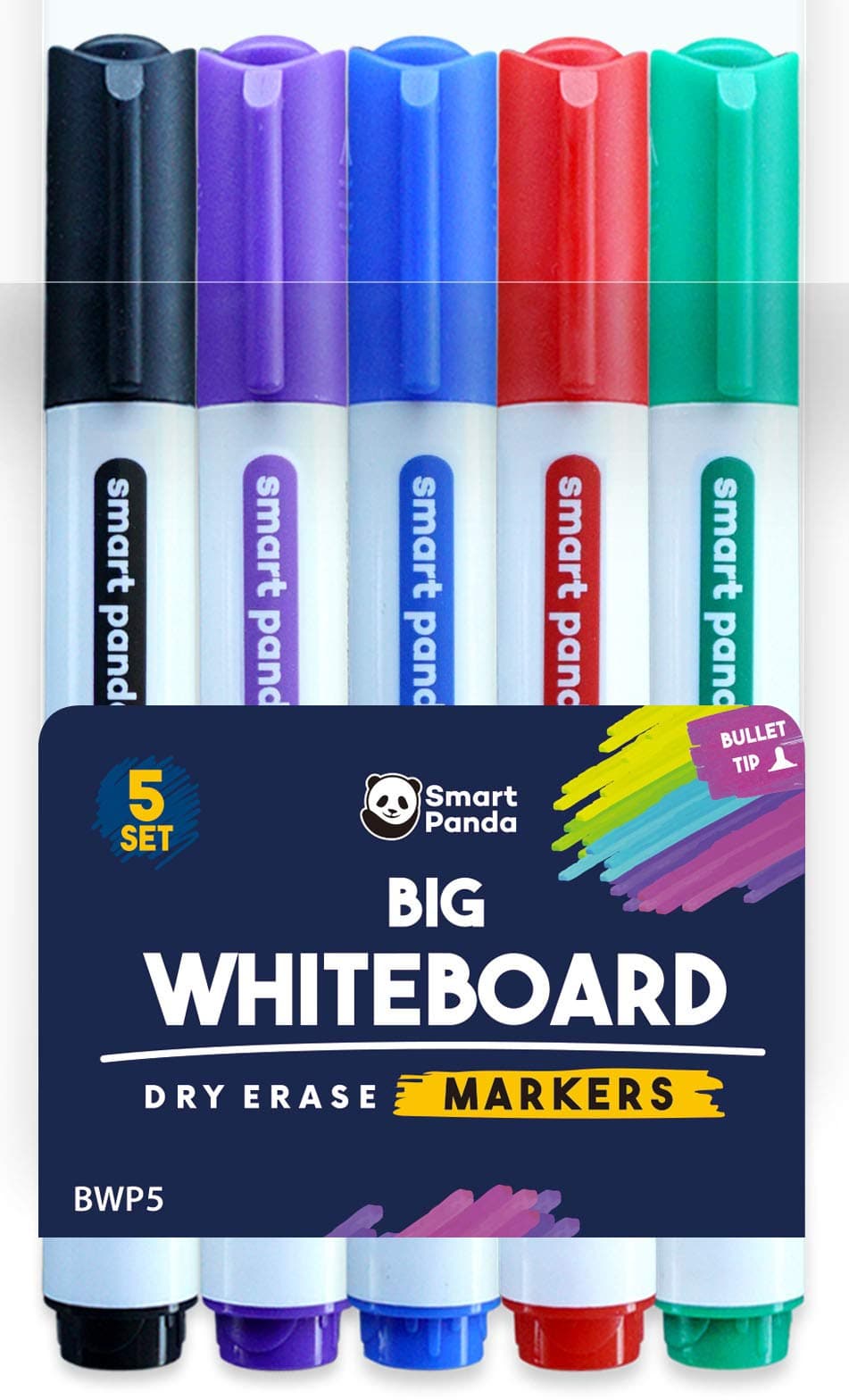 5 Big Whiteboard Pens by SmartPanda – Bullet Tip Whiteboard Markers – Dry Erase Markers, Perfect for Home, School or Office - 5 Set Assorted Colours