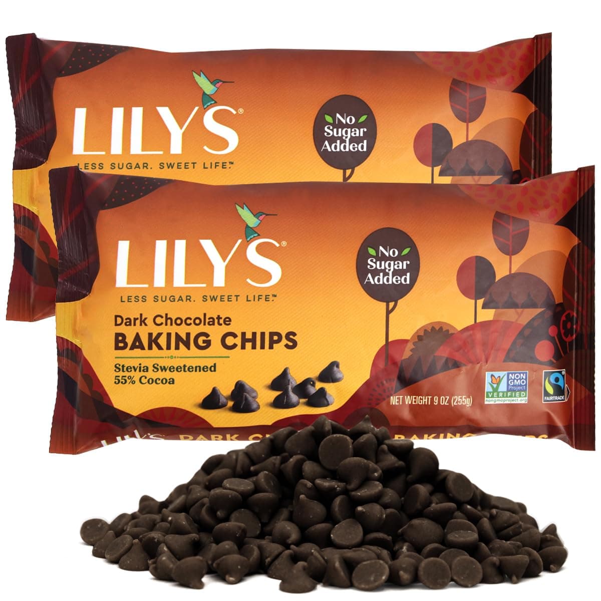 GEEOOLLAH Sugar Free Dark Chocolate Drops for Baking, 2 Packs of 270G Lily's Dark Chocolate Drops Each, Delicious Sugar Free Dark Chocolate Drops, Perfect for Ketoge Recipes