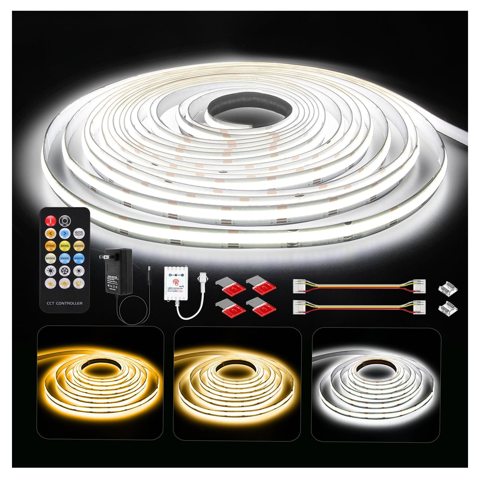 DAYBETTER COB Tunable COB LED Strip Lights White (2700K-6500K) with 6080 LEDs, 24V Adapter, RF Remote Control, Dimmable High Density Uniform LED Strip for Bedroom, Kitchen,