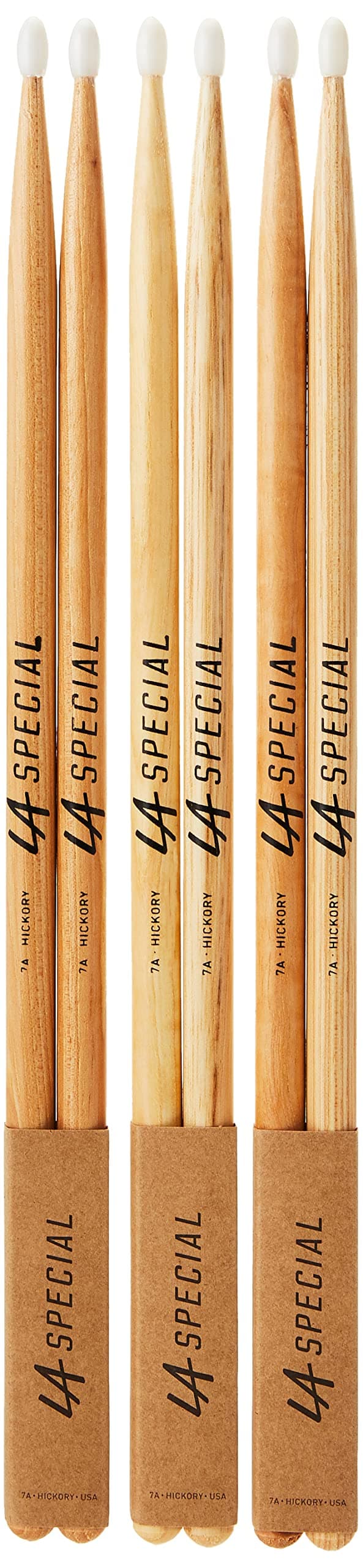 LA Specials Drum Sticks - Hickory 7A Drumsticks - Set for Acoustic or Electronic Drums - Oval Nylon Tip - Consistent Weight and Pitch - 3 Pairs
