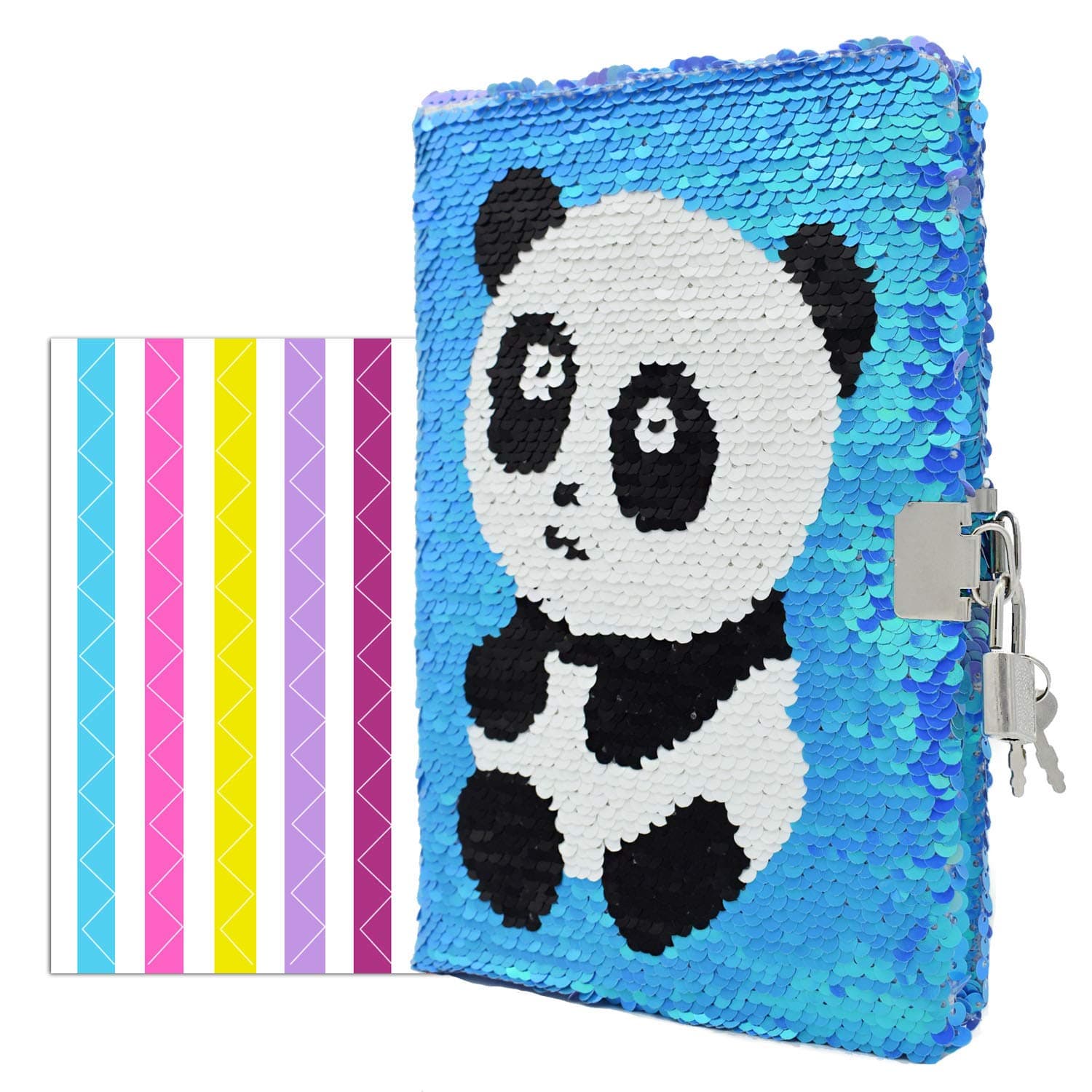 VIPbuy Magic Reversible Sequin Notebook Panda Diary Lined Travel Journal with Lock and Key for Kids Girls, Size A5, 78 Sheets, Panda (Blue to Purple)