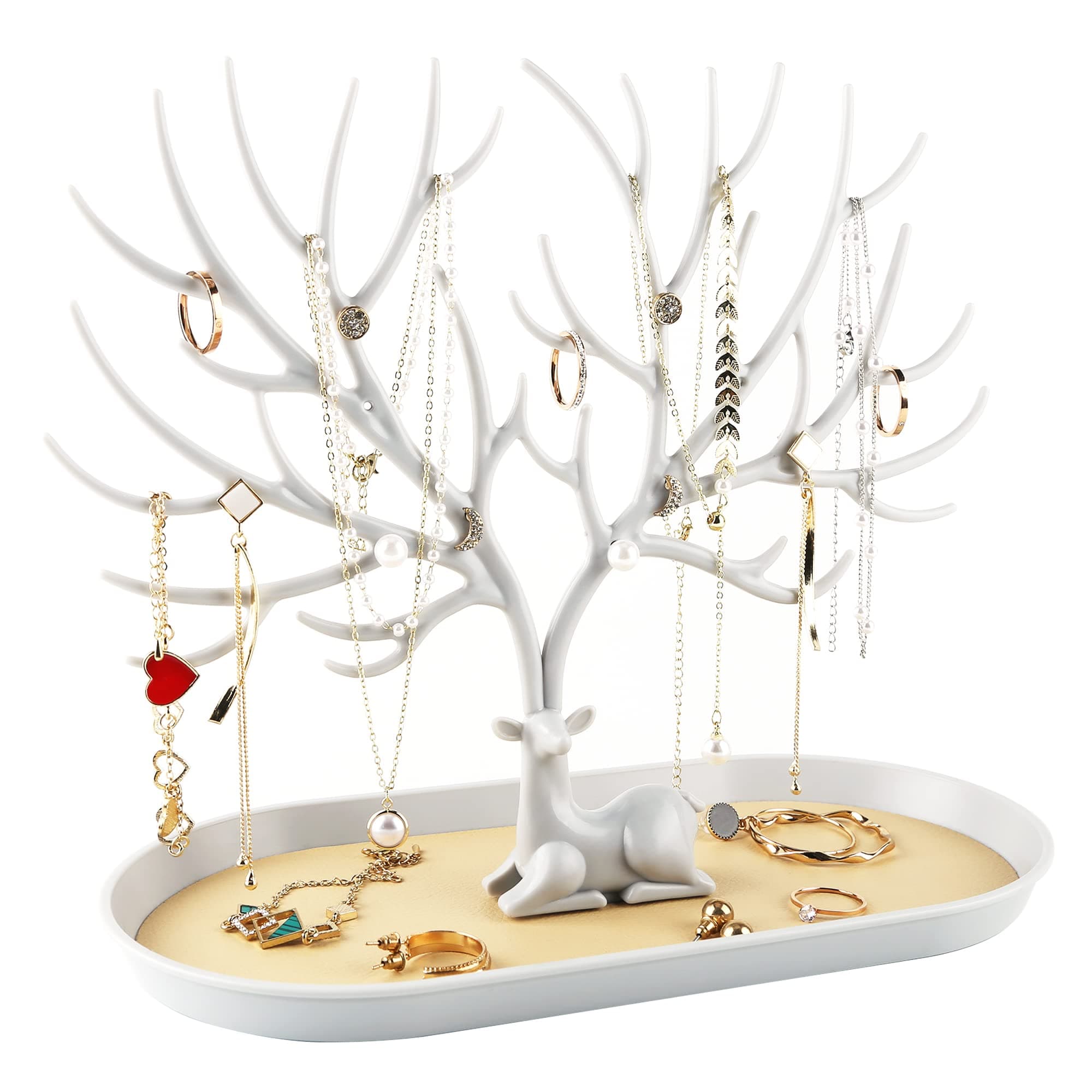 Jewelry Display Stand with Aluminium alloy handle, Tree Tower Rack Hanging Organizer for Ring Earrings Necklace Bracelet, Deer Horn Tree Stand with Storage Drawer and Tray