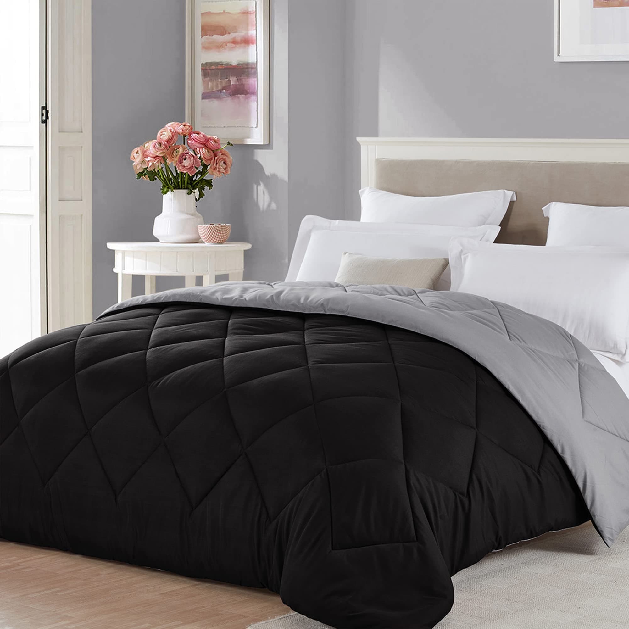 Twin XL Size Black Grey Comforter Reversible Lightweight Boys Cooling Bedding College Dorm Bedspread All Season Spring Blanket