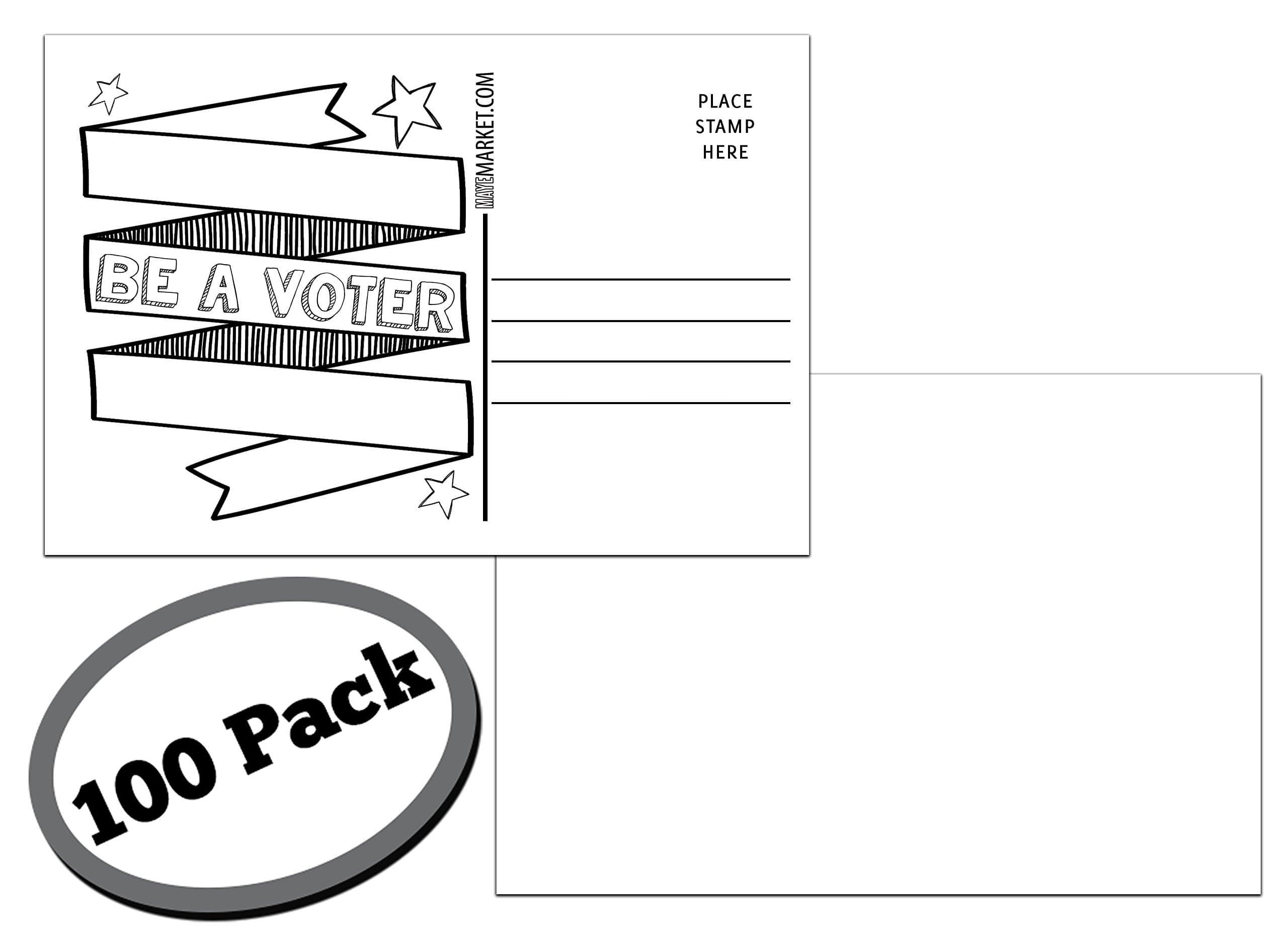 100 Pack of Blank Postcards. Each post card in this patriotic, bulk set is 4 x 6, USPS compliant (mailable), and USA made. Mail to voters to get votes. Flip side is plain white and unused. (color-in)
