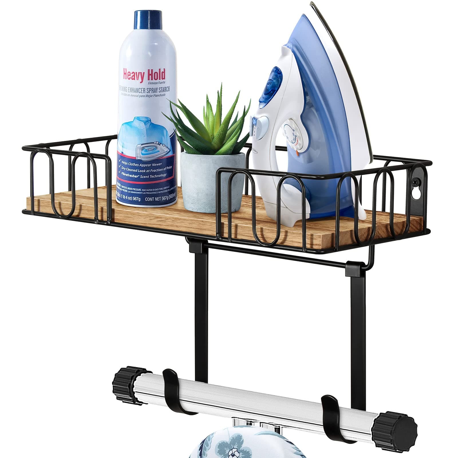 TJ.MOREE Ironing Board Hanger Metal Wall Mount Iron and Ironing Board Holder, Laundry Room Decor and Storage with Large Storage Black Wooden Base Basket and Removable Hooks
