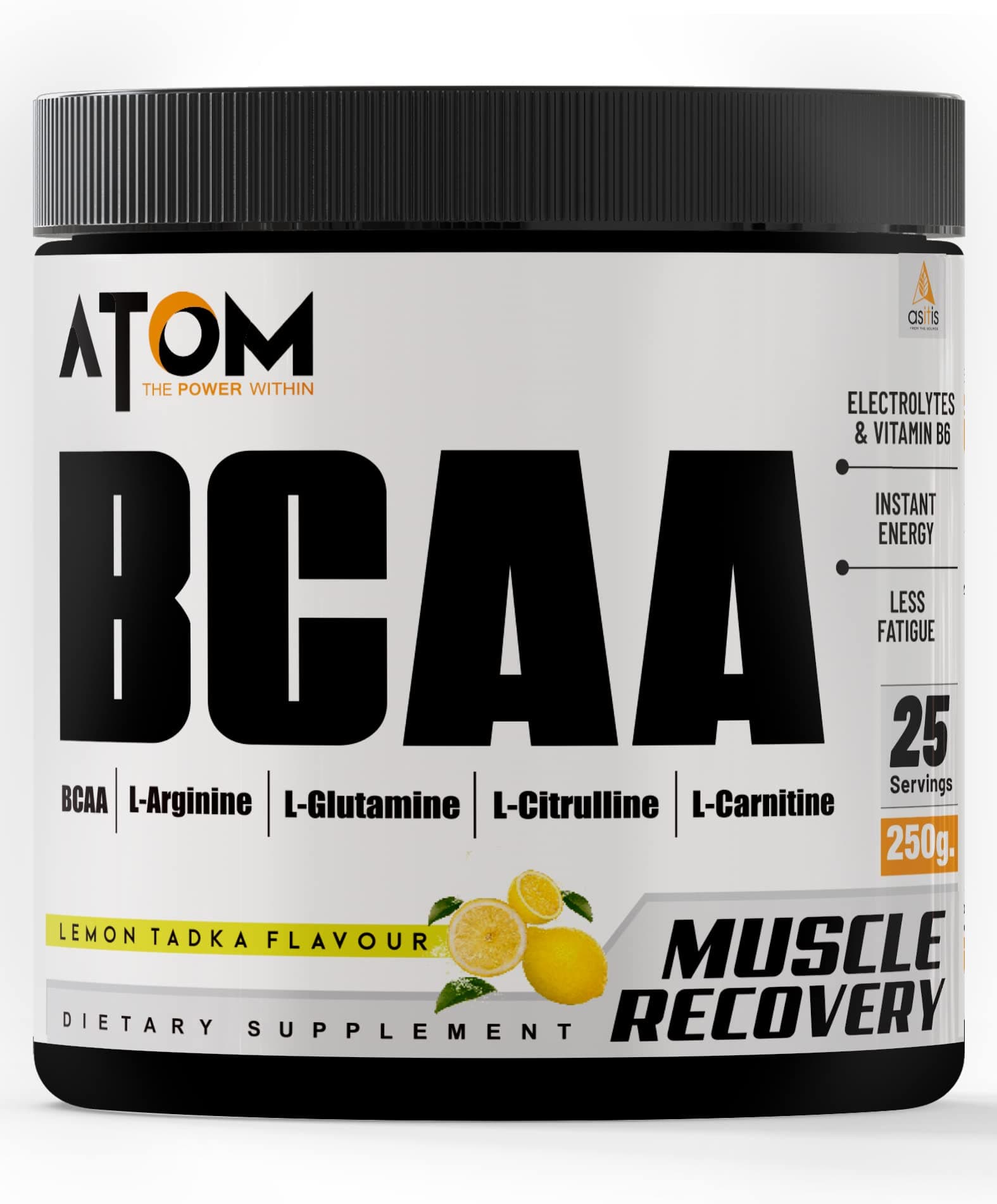 AS-IT-IS ATOM BCAA 250g with L-arginine, L-Carnitine, L-Citrulline Powder for Energy Burst & Athletic Performance | Lemon Tadka Flavor
