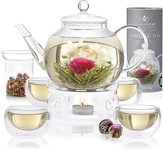 Teabloom Complete Blooming Tea Set: Glass Teapot, 12 Flowering Tea Sampler, Teapot Warmer, 4 Double-Wall Glasses & Loose Tea Infuser - Best Flowering Tea Gift Set