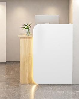 Reception Desk Office Checkout Counter, Modern Front Desk Reception Counter Desk With Lockable Drawer Simple Retail Counter For Retail, Lobby, Beauty Salon Clothing Store(Woodgrain+White,47"Lx18"Wx39"