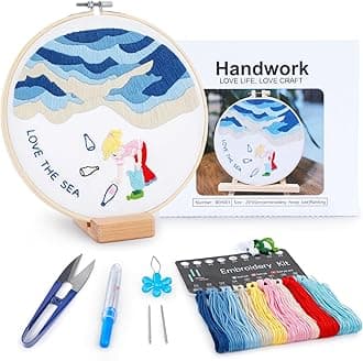 Embroidery Kit for Adult Beginners, Sea Embroidery Kit with Step-by-Step Instructions and Video, Printed Cloth, 7.87" Hoop, Display Stand, Color Threads and Tools for Craft Lover(BEH001)
