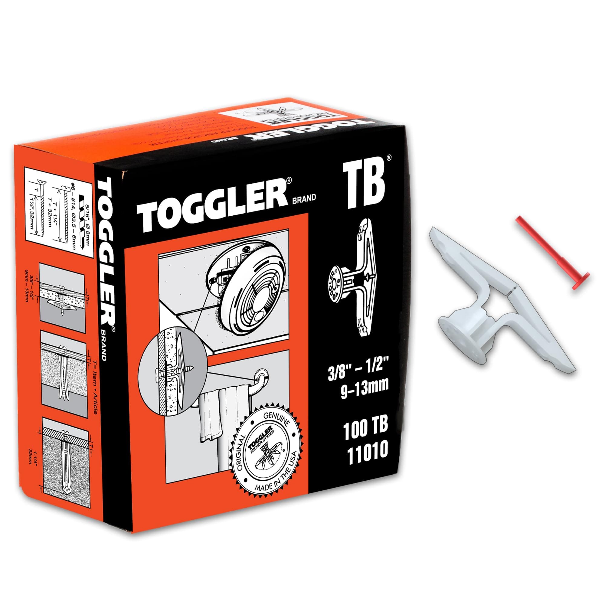 TOGGLER Toggle TB Residential Drywall Anchor, Polypropylene, Made in US, 3/8" to 1/2" Grip Range, for #6 to #14 Fastener Sizes (Pack of 100)