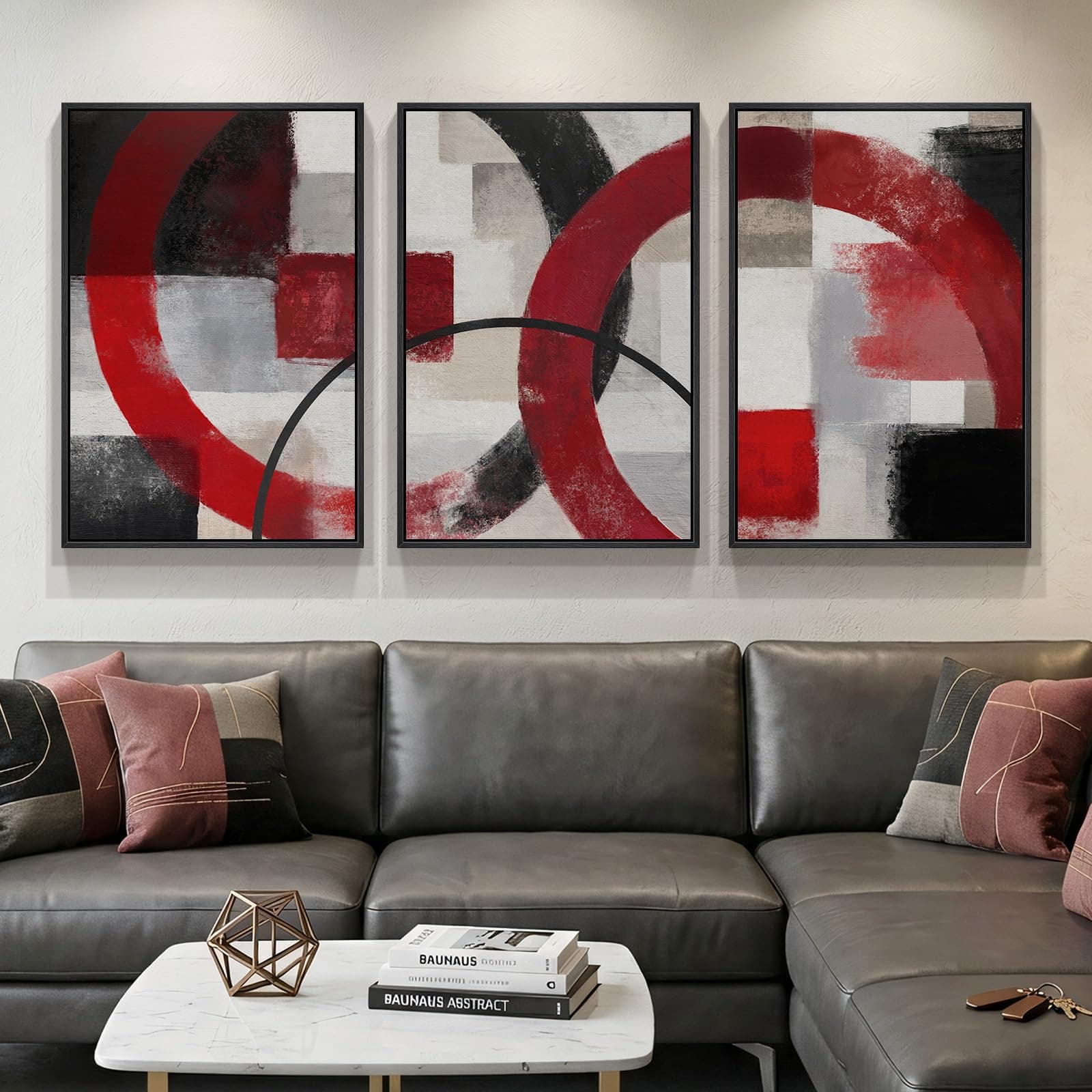 Large Framed Red Black White Abstract Wall Art for Living Room, Set of 3 Modern Canvas Prints Paintings Artwork for Walls, Red Black Geometric Pictures for Bedroom Hallway Office Wall Decor 24x36 In