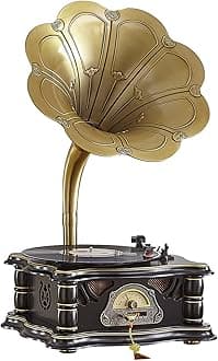 Wooden Vintage Gramophone Record Player with USB Play & Remote Control, Retro Phonograph Record Players, Horn Vinyl Audio Turntable Speaker for 7" 9" 12" Vinyl Records 3 Speed