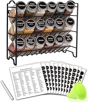 SWOMMOLY Spice Rack Organizer with 18 Empty Square Spice Jars, 396 Spice Labels with Chalk Marker and Funnel Complete Set, Spice Organizer for Countertop, Cabinet or Wall Mount, Black