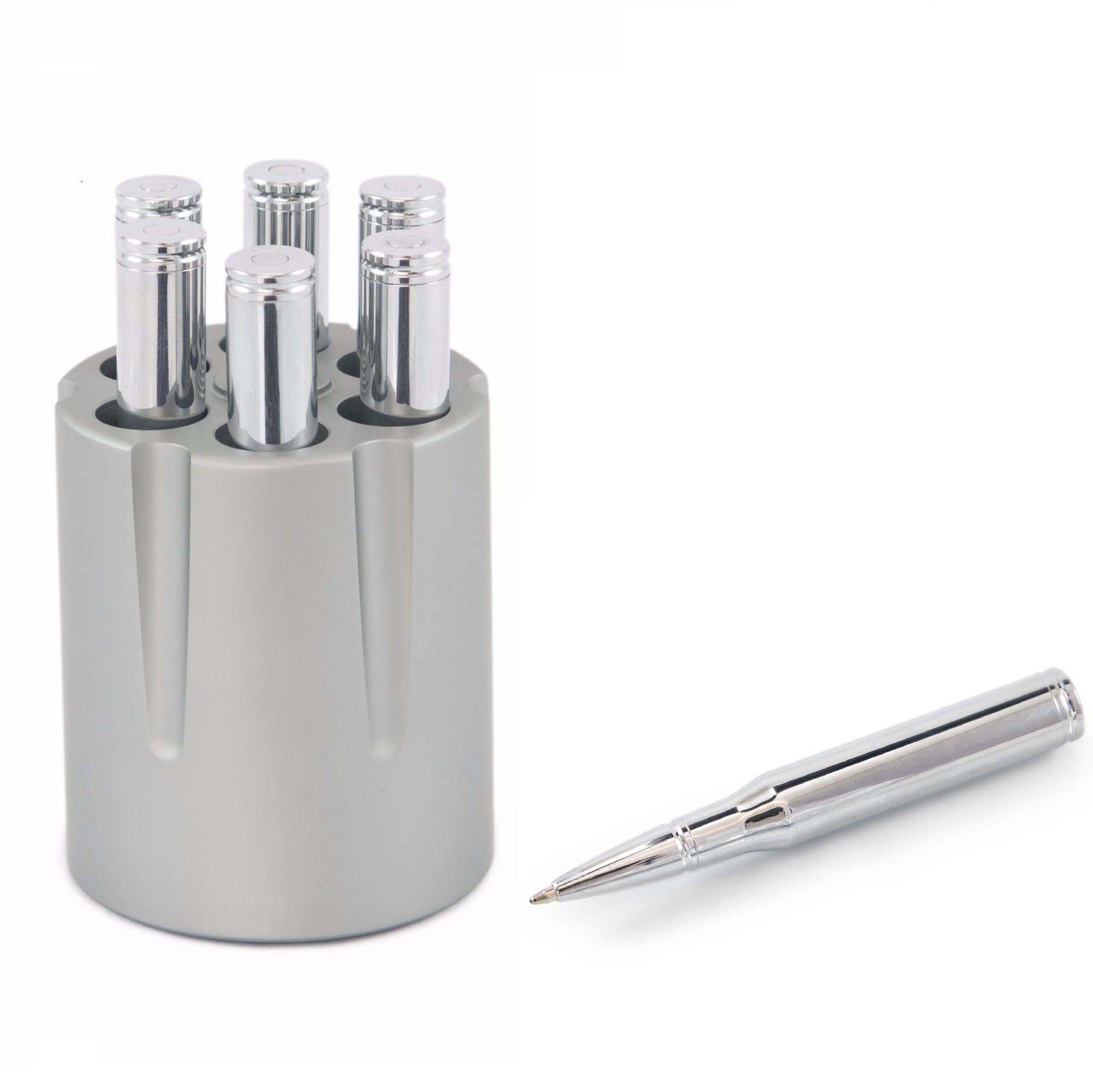 Silver Bullet Revolver Pen Holder with 6 Refillable 30 Caliber Bullet Pens