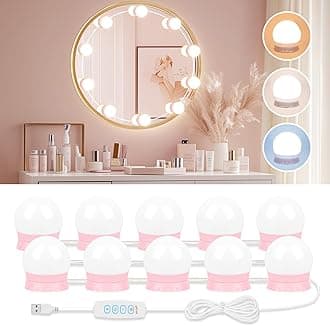 LED Vanity Lights For Mirror, Pink Vanity Light Stick on with 10 Dimmable Bulbs, 3000K 4000K 6500K & 10 Level Brightness Adjustable USB Cable Hollywood Mirror Lights for Makeup Dressing Room Bathroom