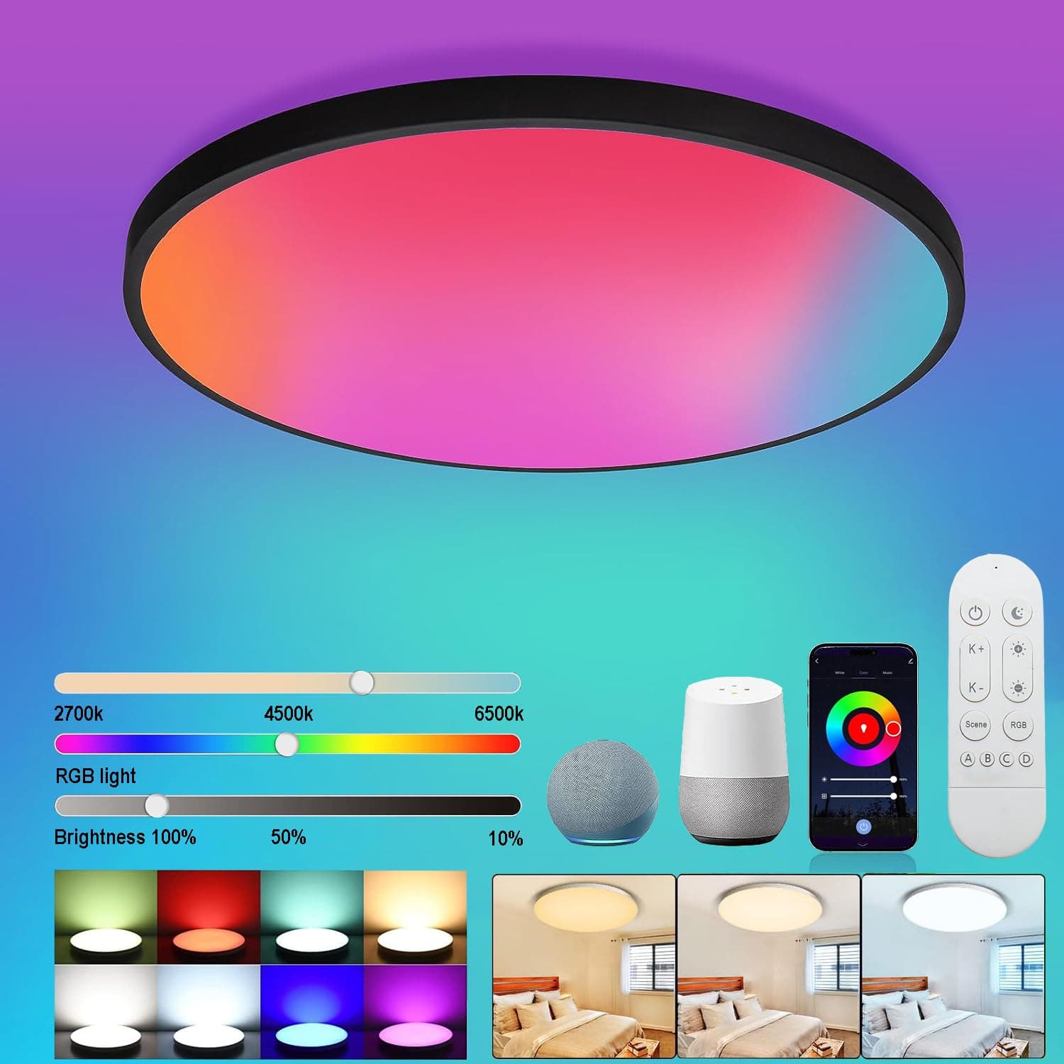 – Redare Alexa Smart Ceiling Light,RGB Wifi Ceiling Light,30cm 24W Dimmable LED Flush Mount Ceiling Light Compatible with Alexa Google Home Color Changing Ceiling Lamp for Bedroom,Kitchen (WiFi, Black)